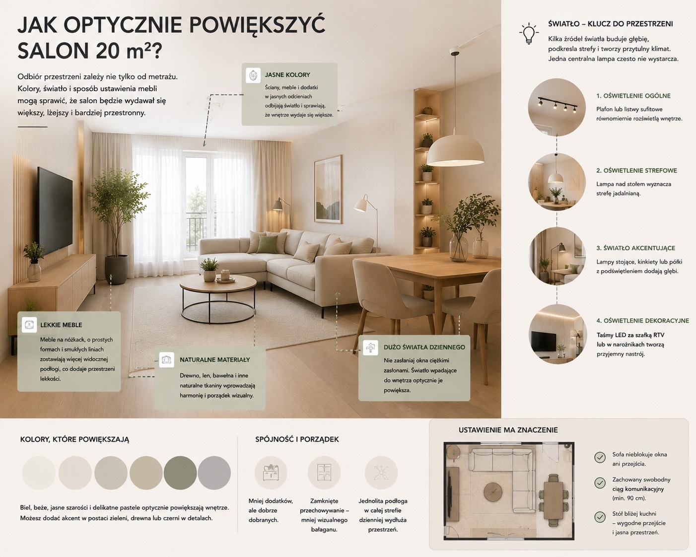 Jak optycznie powiększyć salon 20 m²?
